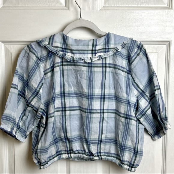American Eagle blue plaid button up cotton top with exaggerated Peter Pan collar - Picture 3 of 7